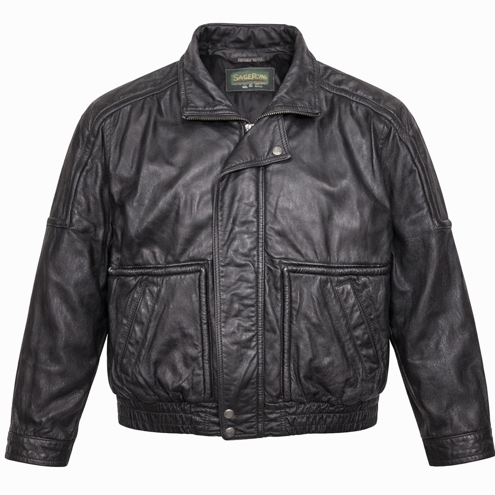 Vintage Savile Row Soft Black Genuine Leather Bomber Jacket XL 90s Oversized